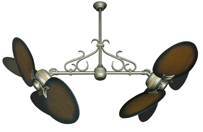 Double Fan Antique Bronze, Scroll, 50 inch Distressed Walnut Blades Double Fan Antique Bronze, Scroll, 50 inch Distressed Walnut Blades